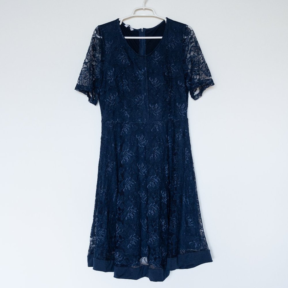 MEANEOR Navy Blue Dress with Lace Details and Sheer Cap Sleeves